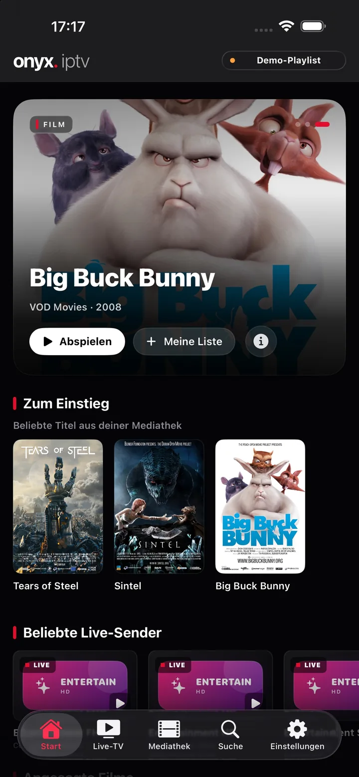 Onyx IPTV Startseite mit Film-Hero, Einstiegstipps und Live-Sendern