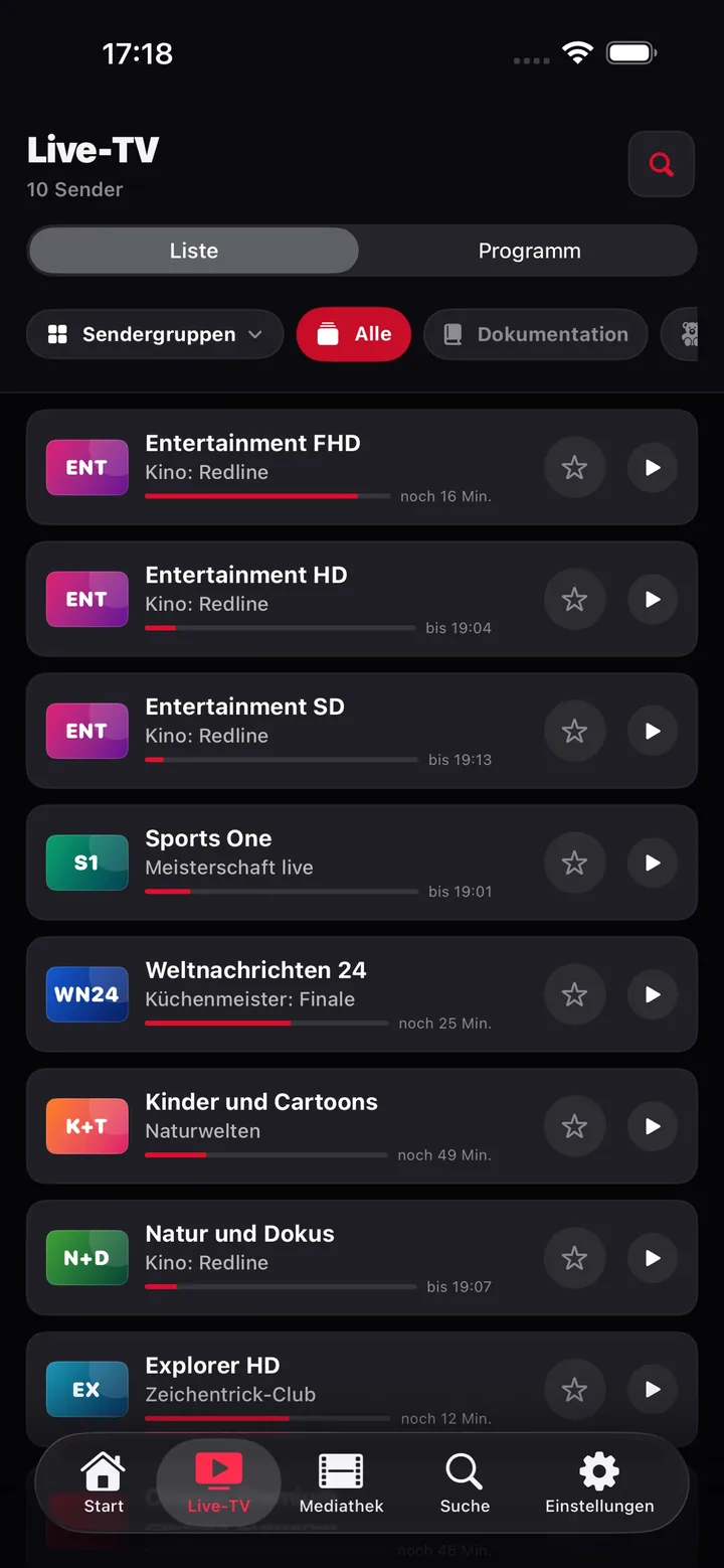 Live-TV-Liste mit laufender Sendung und Fortschritt pro Sender