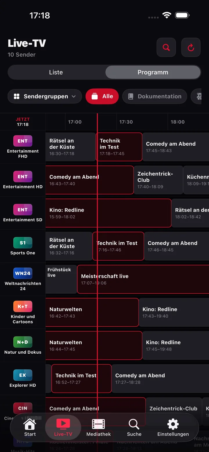 EPG-Raster mit roter Jetzt-Linie