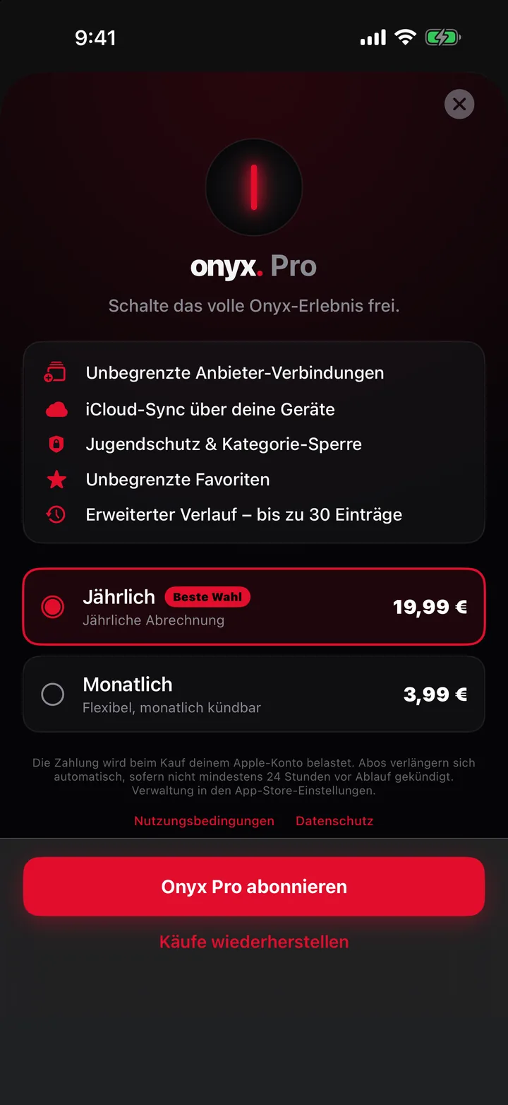 Onyx-Pro-Seite mit Jahres- und Monatsoption