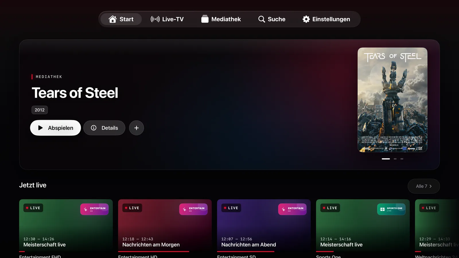 Onyx IPTV auf dem Apple TV: Startseite mit hervorgehobenem Titel und Live-Sendern