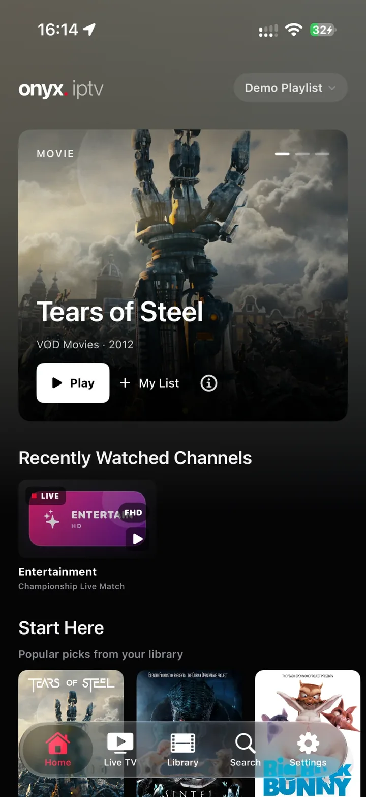 Onyx IPTV home screen with a movie hero, Start Here picks and live channels