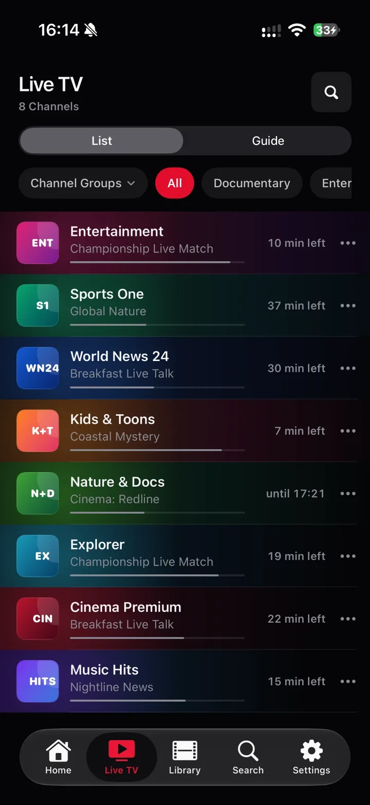 Live TV list with the running programme and progress per channel