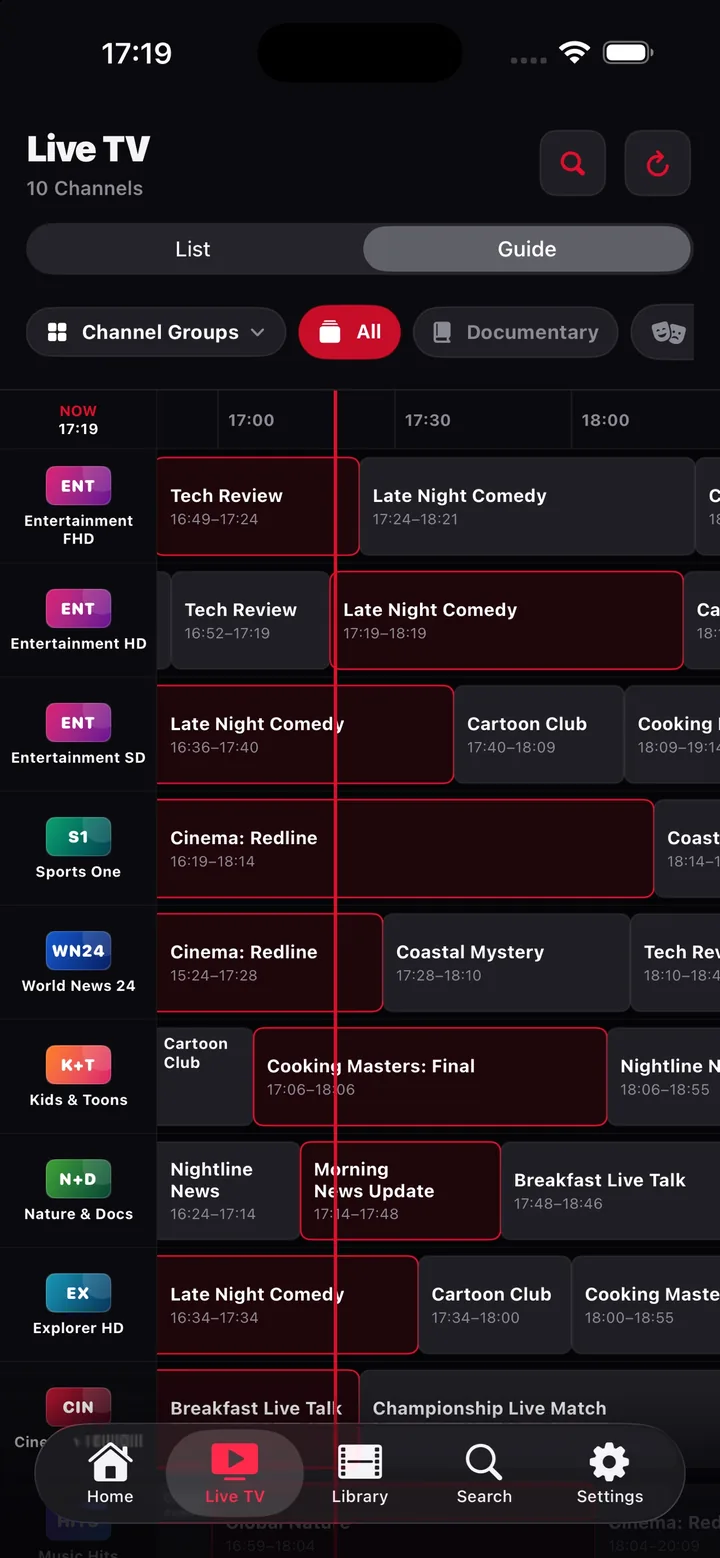 EPG guide grid with a red now-line