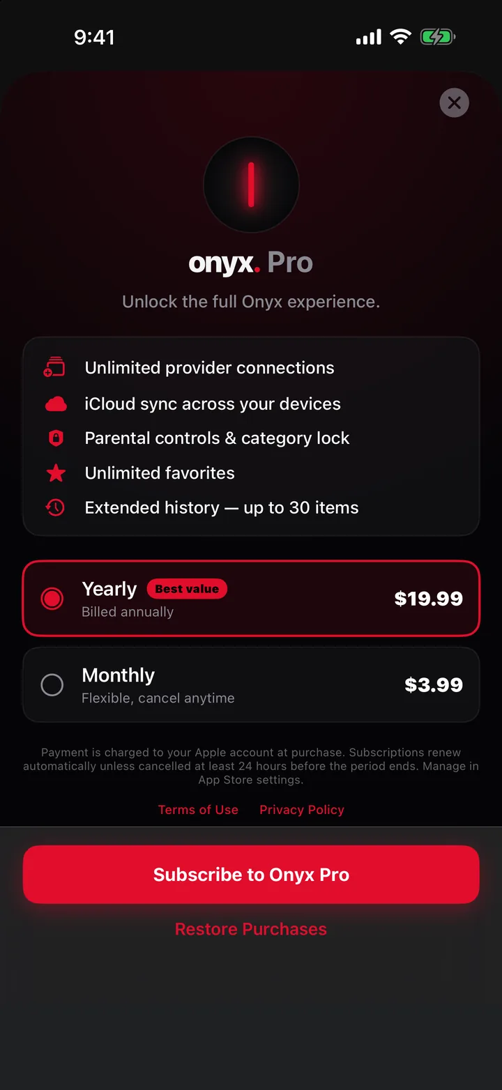 Onyx Pro screen with the yearly and monthly options