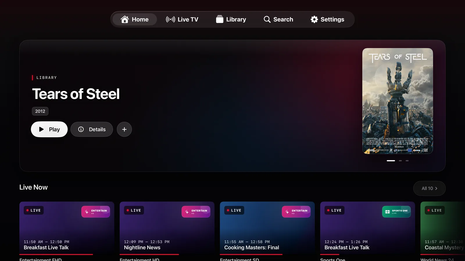 Onyx IPTV on Apple TV: home screen with a featured title and live channels